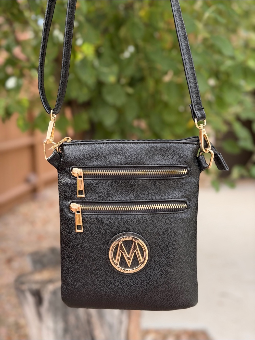 Black Crossbody Bag with Gold Accents